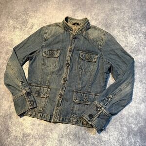 Y2K 2000s Mossimo Women's Denim Jacket Blue Button Front Band Collar Size Medium